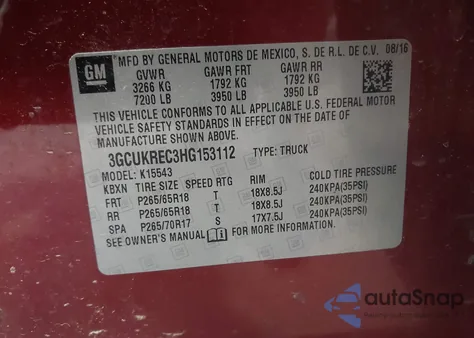 2017 Chevrolet Silverado 1500 2Lt from USA, damaged, VIN 3GCUKREC3HG153112